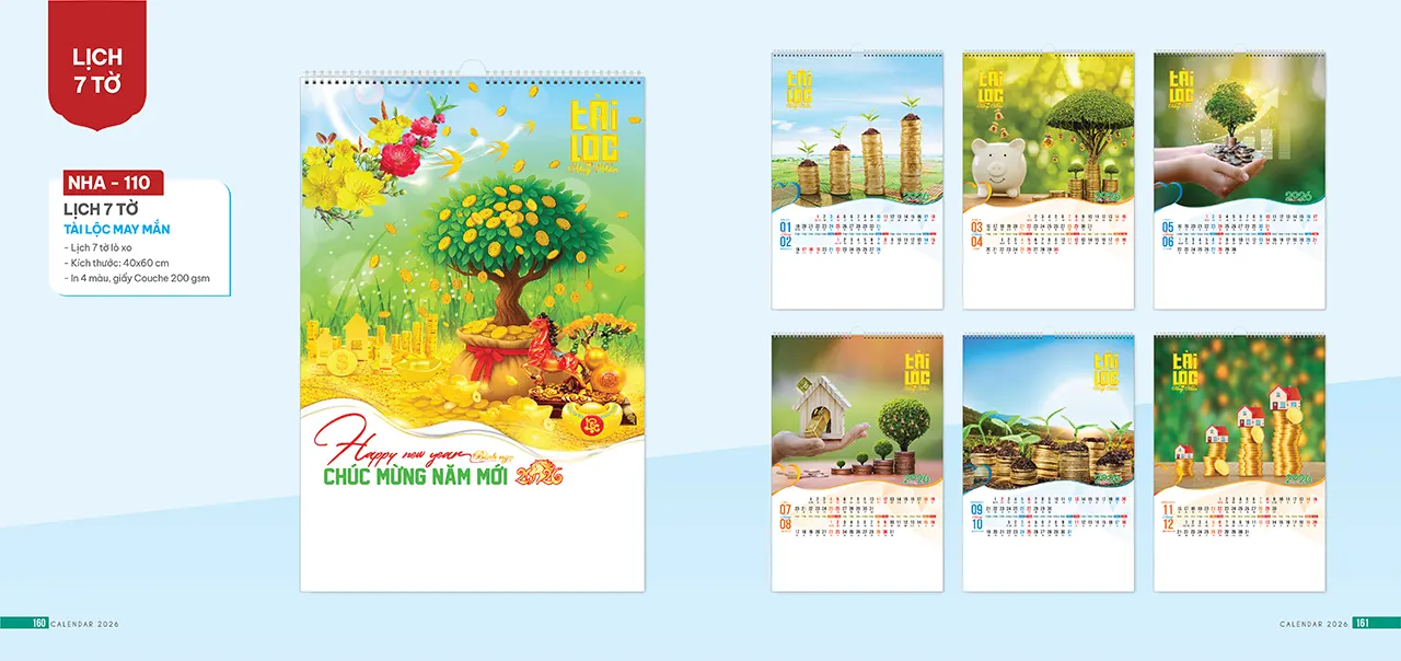 in lịch tết 2026 lò xo 7 tờ phôi sẵn chất lượng cao