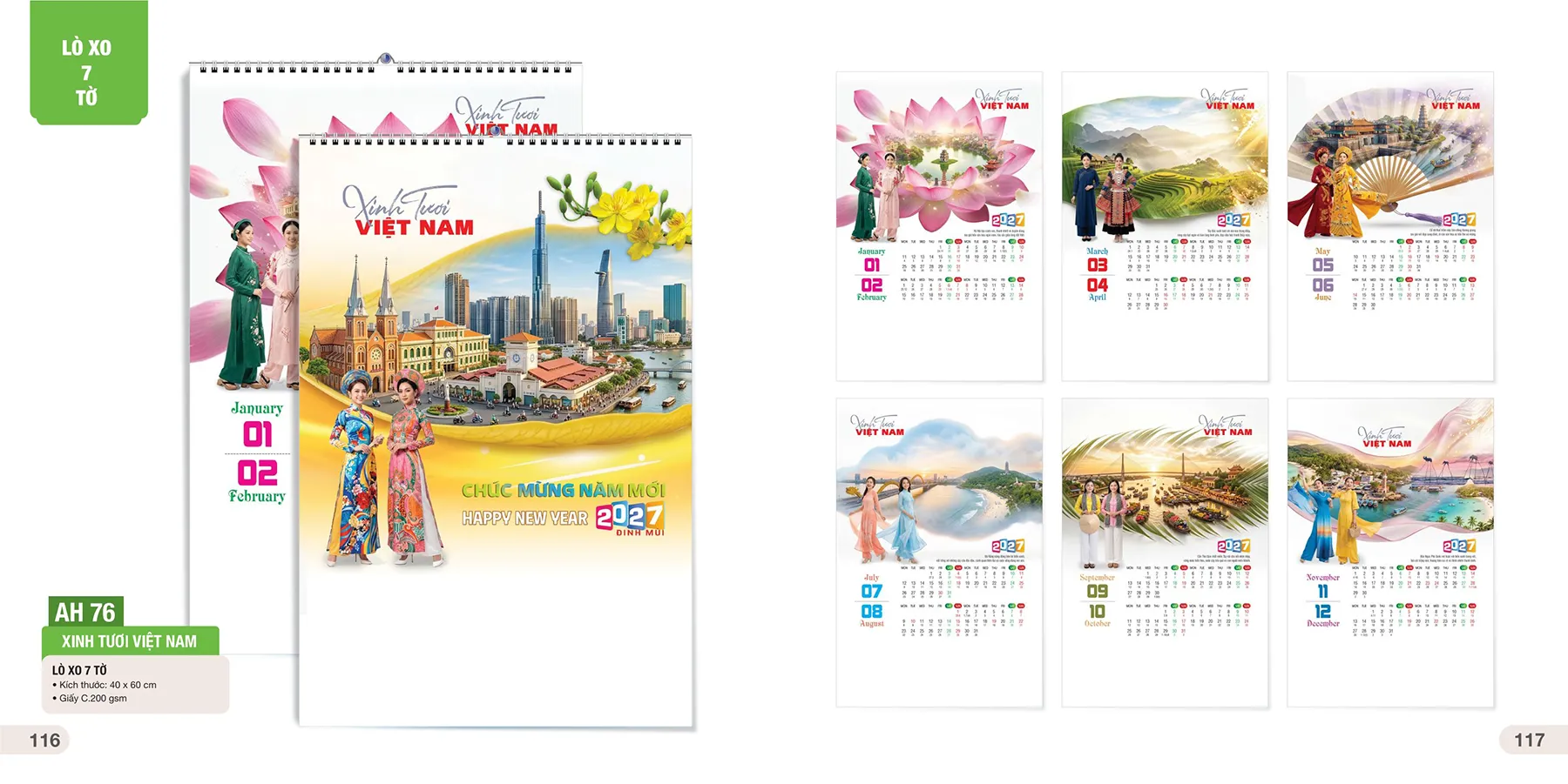 Lịch lò xo 7 tờ Tết 2027 đẹp ấn tượng